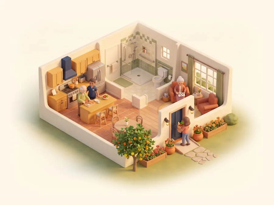 Illustration of an adult daughter visiting her parents at home with a caregiver