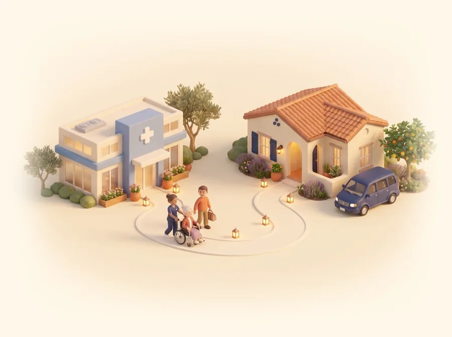Illustration of a caregiver wheeling an older woman along a path from a hospital to a warm care home